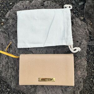 Chloé Beige Textured Leather Long Wallet Mustard Yellow Insert Gold Hardware